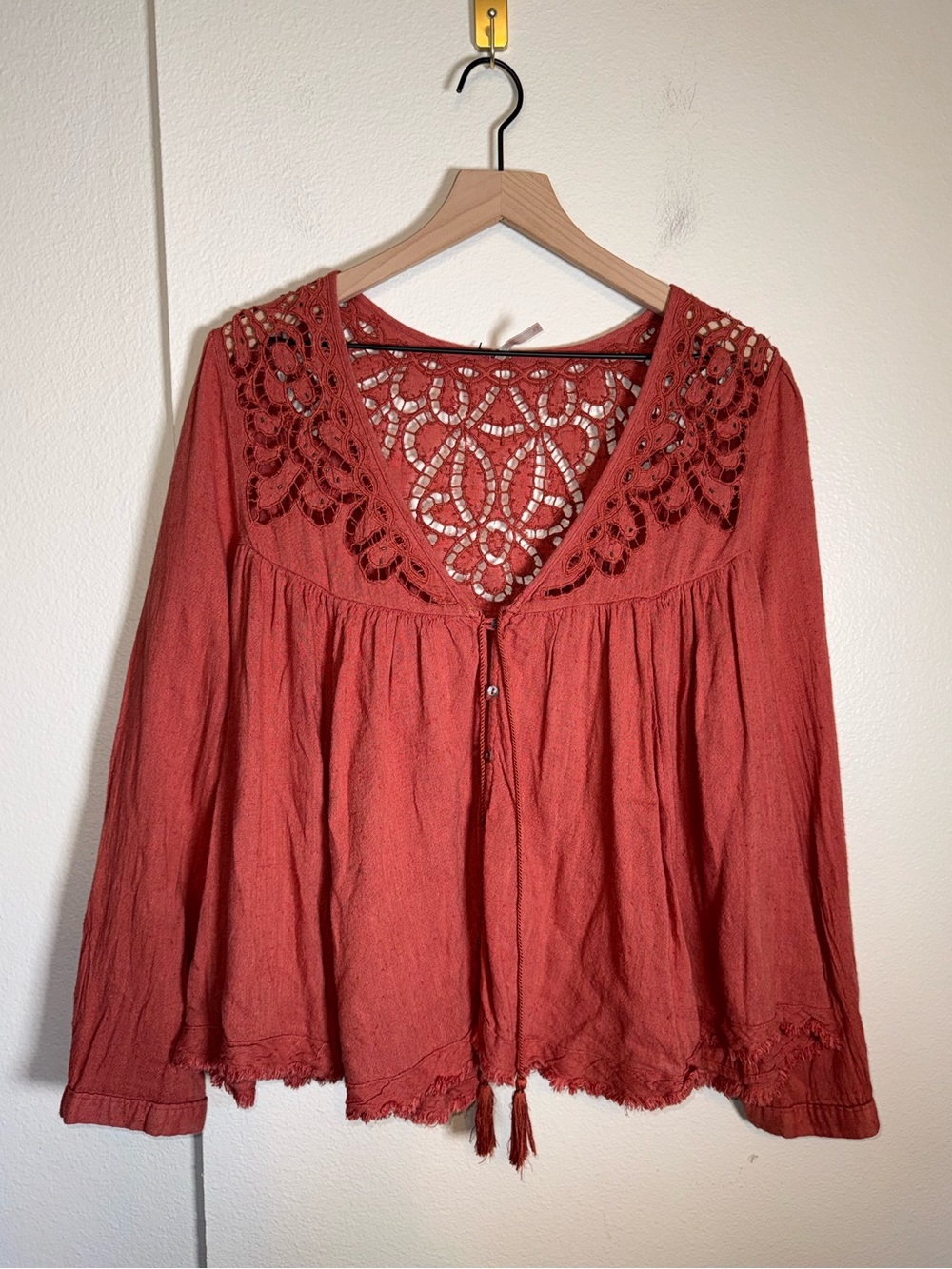 Anthropologie Terra Cotta Crochet Yoke Peasant Top
